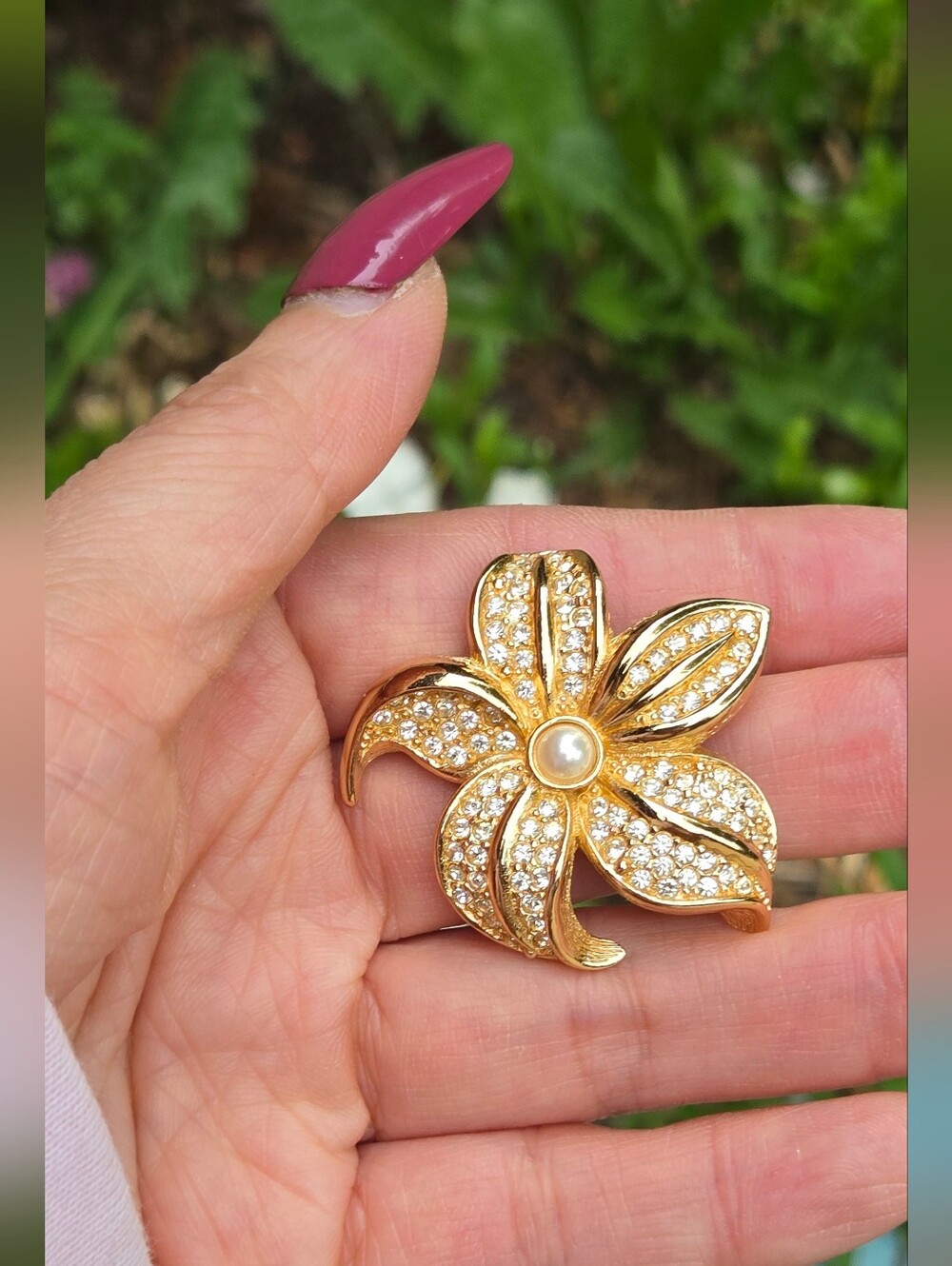 Dior Gold Plated Crystal Flower Brooch with Pearl Center - Picture 1 of 16